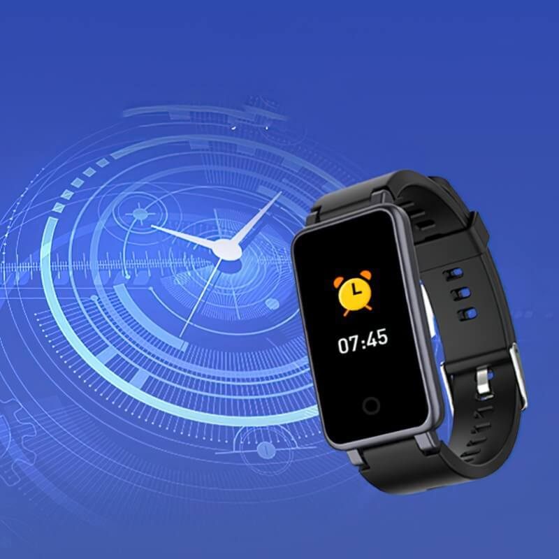 Waterproof fitness tracking smart bracelet SF0553 with IP67 rating and Bluetooth 5.0, displayed against a futuristic clock background.